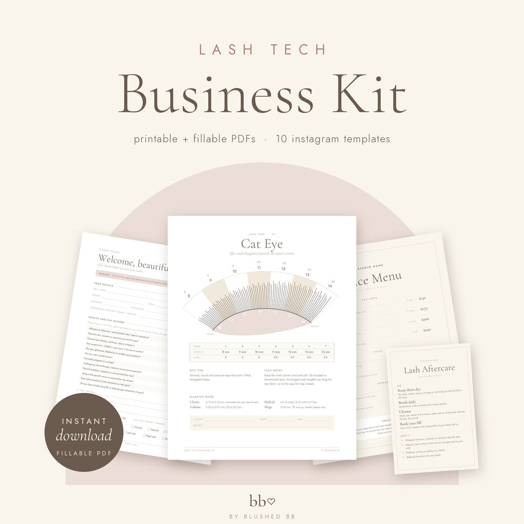 Lash Tech Business Kit by blushed bb, printable and fillable PDFs plus Instagram templates