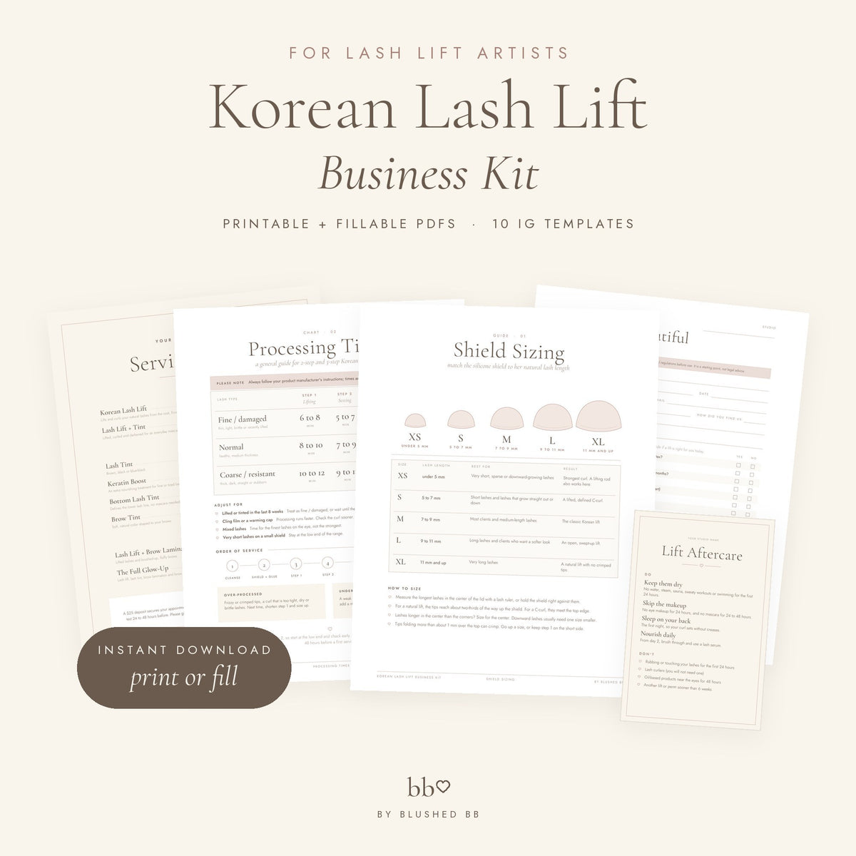 Korean Lash Lift Business Kit by blushed bb, printable and fillable PDFs plus Instagram templates