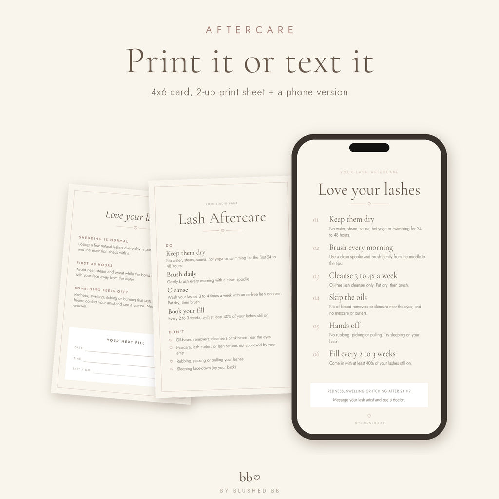 Lash aftercare cards, 4x6 and phone version