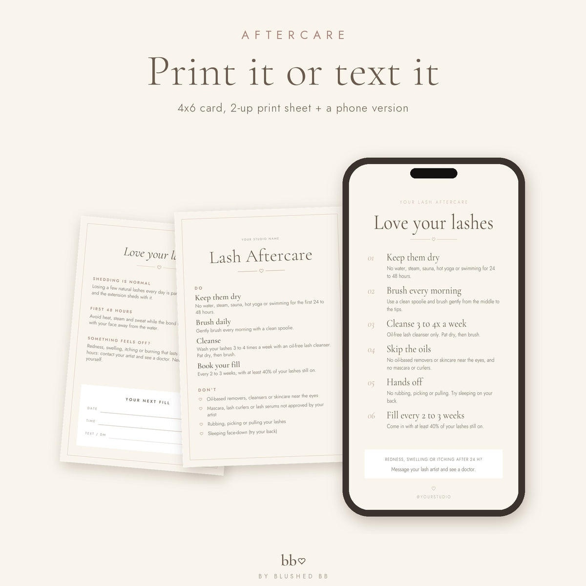Lash aftercare cards, 4x6 and phone version