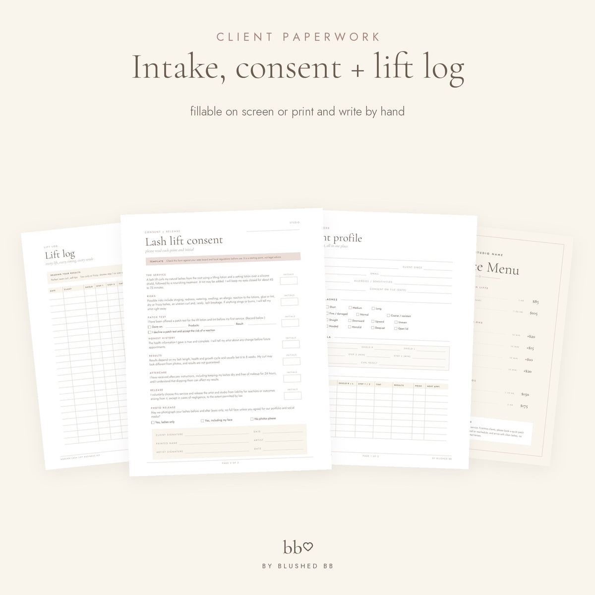 Client intake, consent form and client record with lift log
