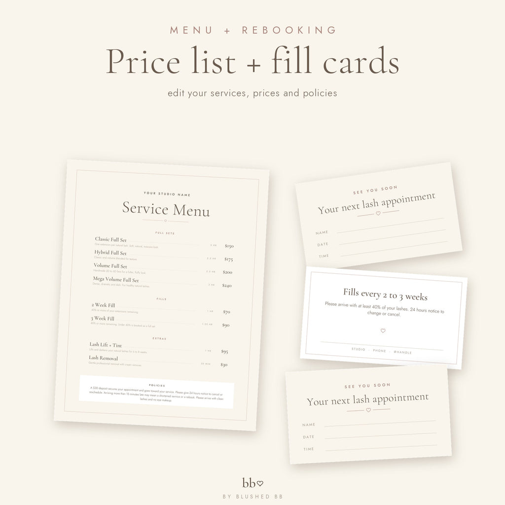 Price list, service menu and fill rebooking cards