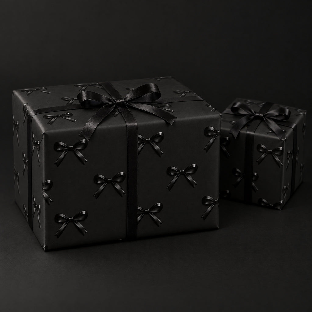 Black Bows Holiday Wrapping Paper by The Paper Edit, wrapped gift boxes