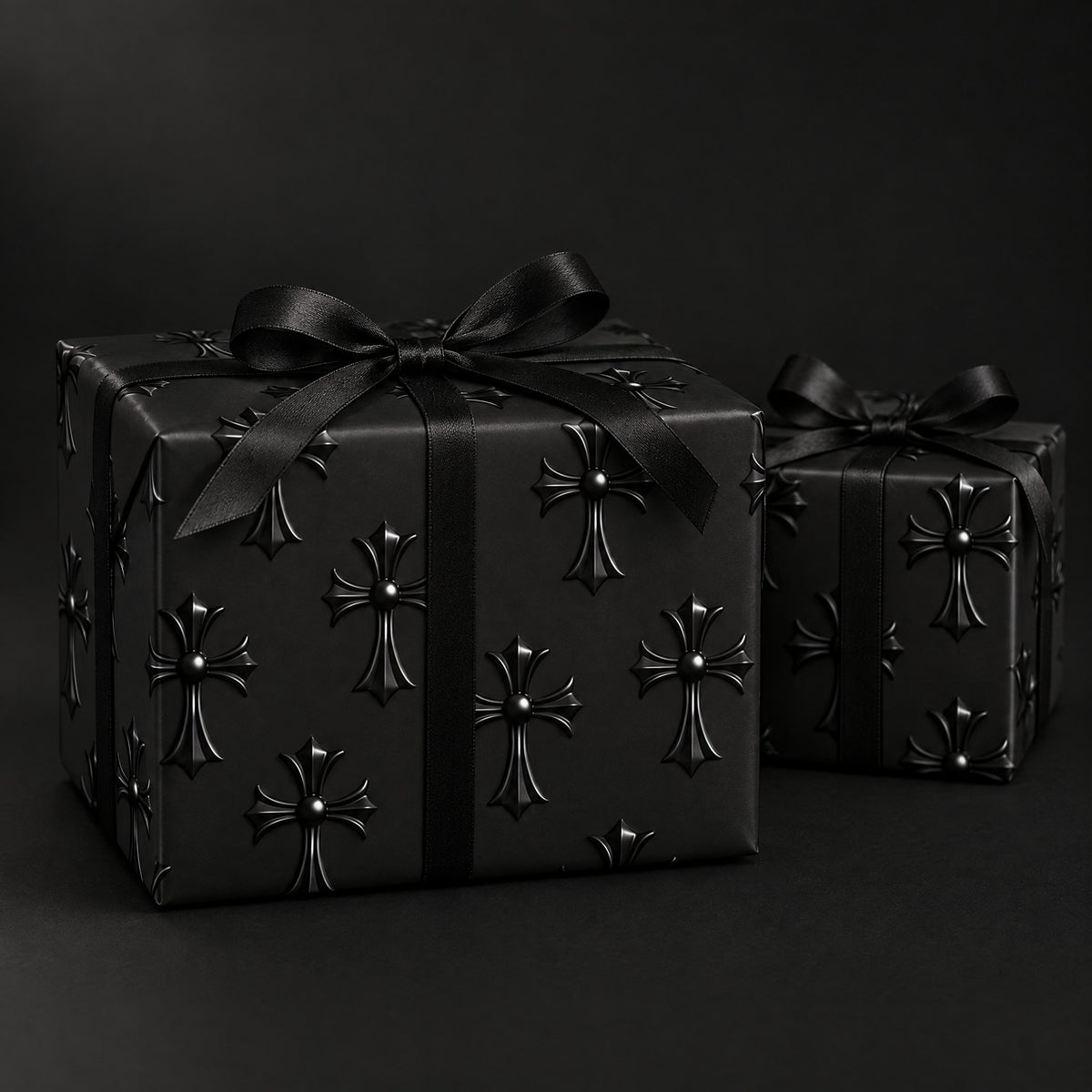 Black Gothic Cross Wrapping Paper by The Paper Edit, wrapped gift boxes