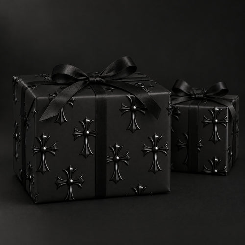 Black Gothic Cross Wrapping Paper by The Paper Edit, wrapped gift boxes