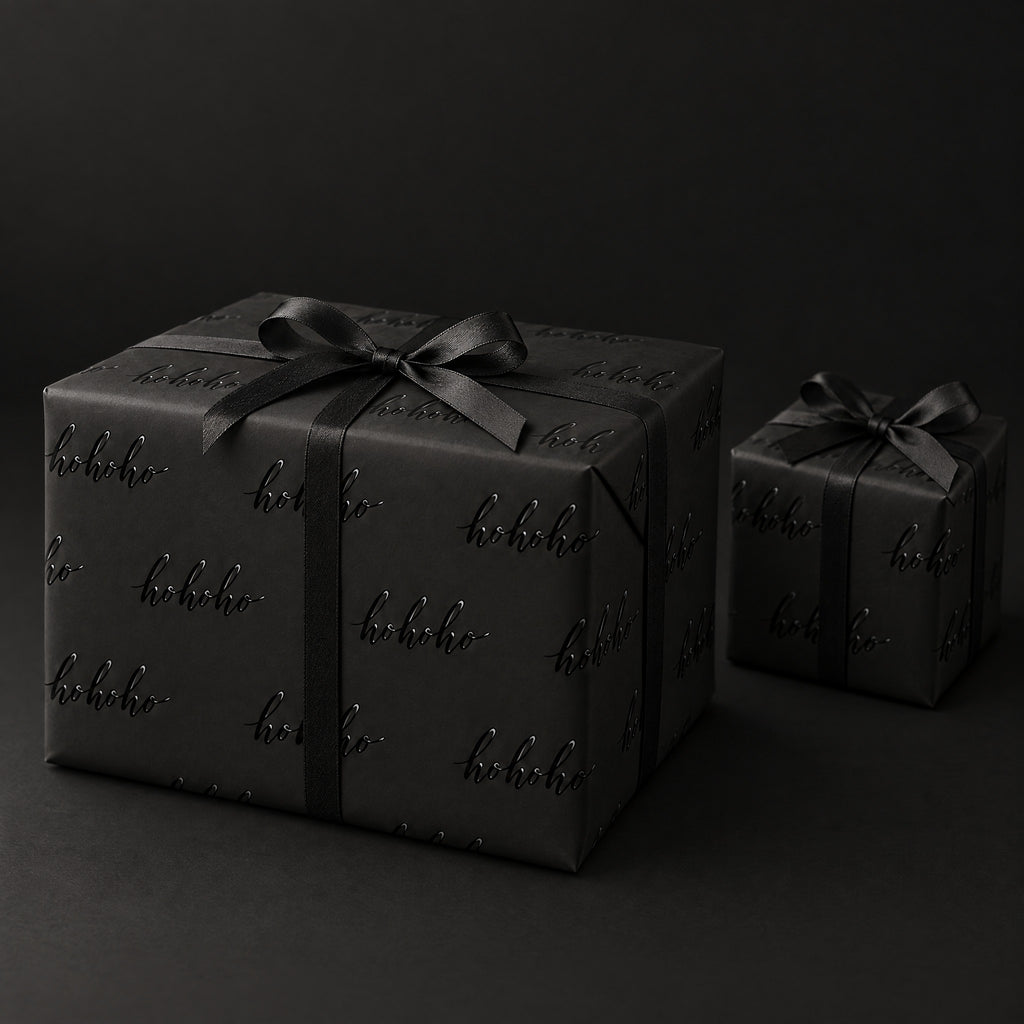 Black HO HO HO Holiday Wrapping Paper by The Paper Edit, wrapped gift boxes