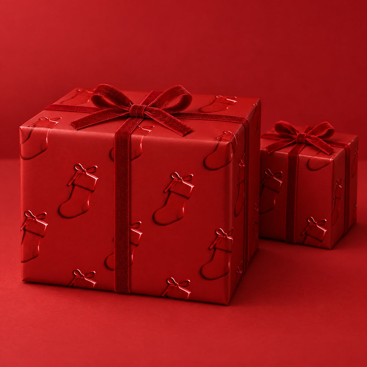 Red Stockings Christmas Wrapping Paper by The Paper Edit, wrapped gift boxes