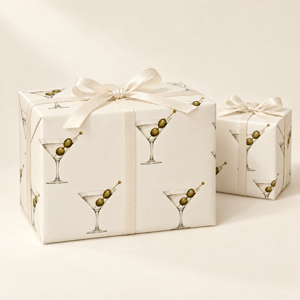 Cream Dirty Martini Wrapping Paper by The Paper Edit, wrapped gift boxes