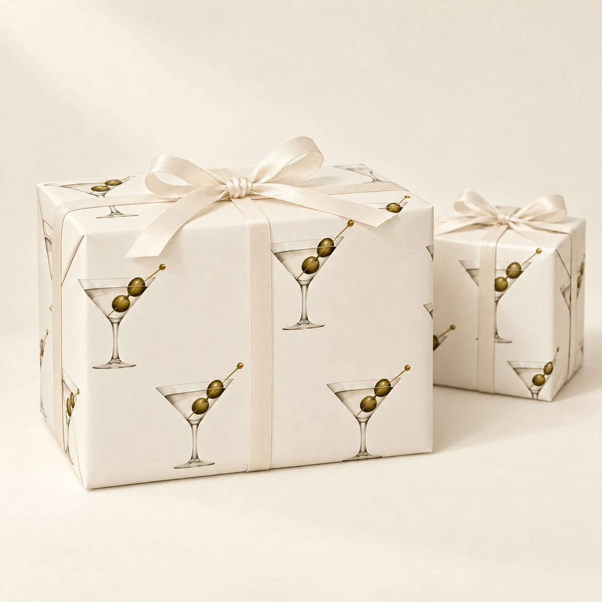 Cream Dirty Martini Wrapping Paper by The Paper Edit, wrapped gift boxes