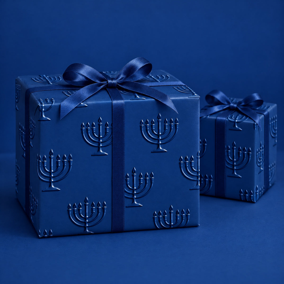 Blue Menorah Hanukkah Wrapping Paper by The Paper Edit, wrapped gift boxes