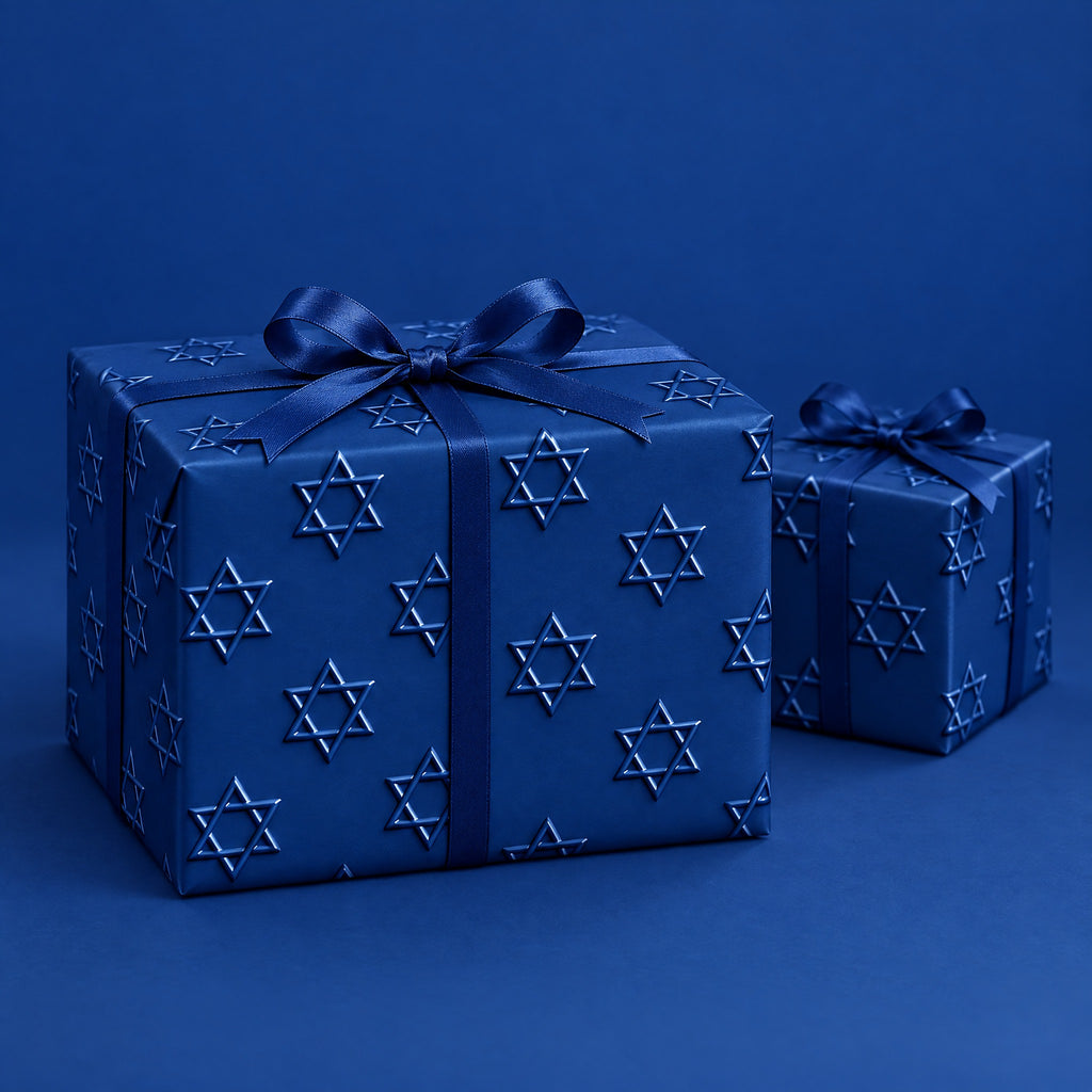 Blue Star of David Hanukkah Wrapping Paper by The Paper Edit, wrapped gift boxes