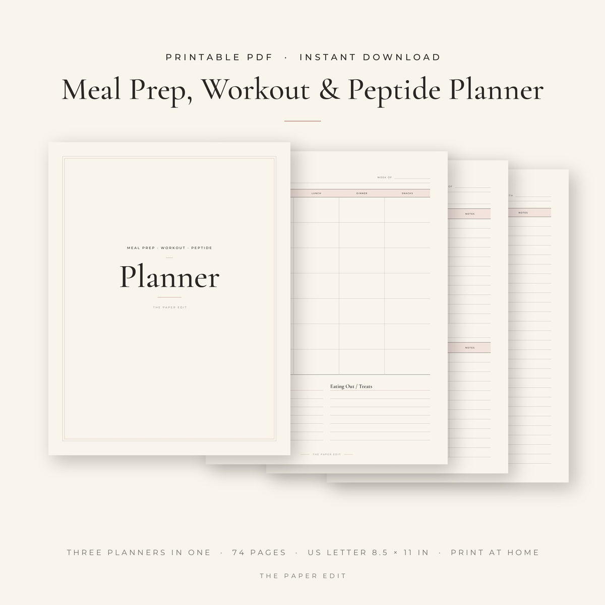 Meal Prep, Workout & Peptide Planner — Printable PDF (Instant Download), printable PDF by The Paper Edit