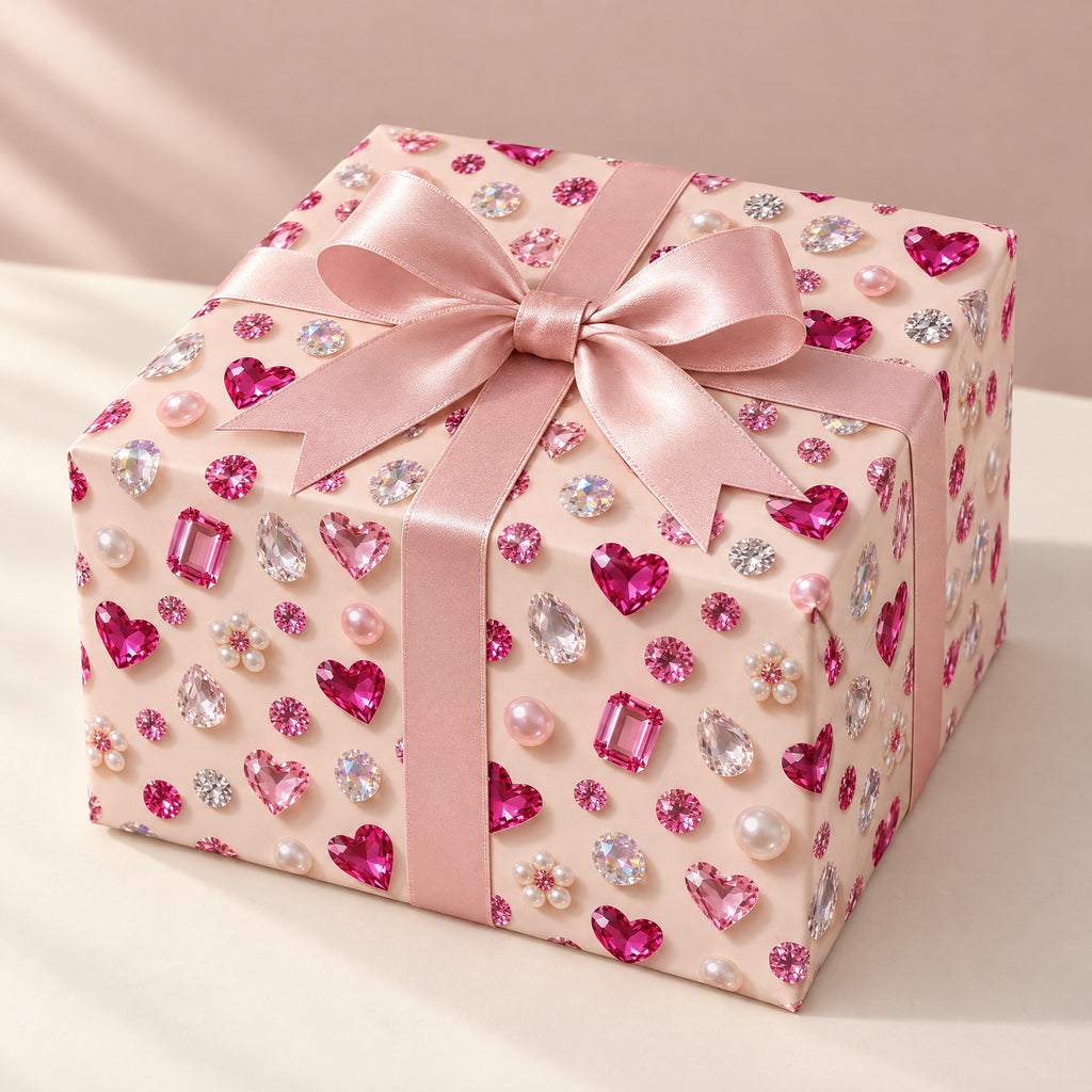 Gift box wrapped in Pink Gems & Pearls Wrapping Paper with a pink satin bow