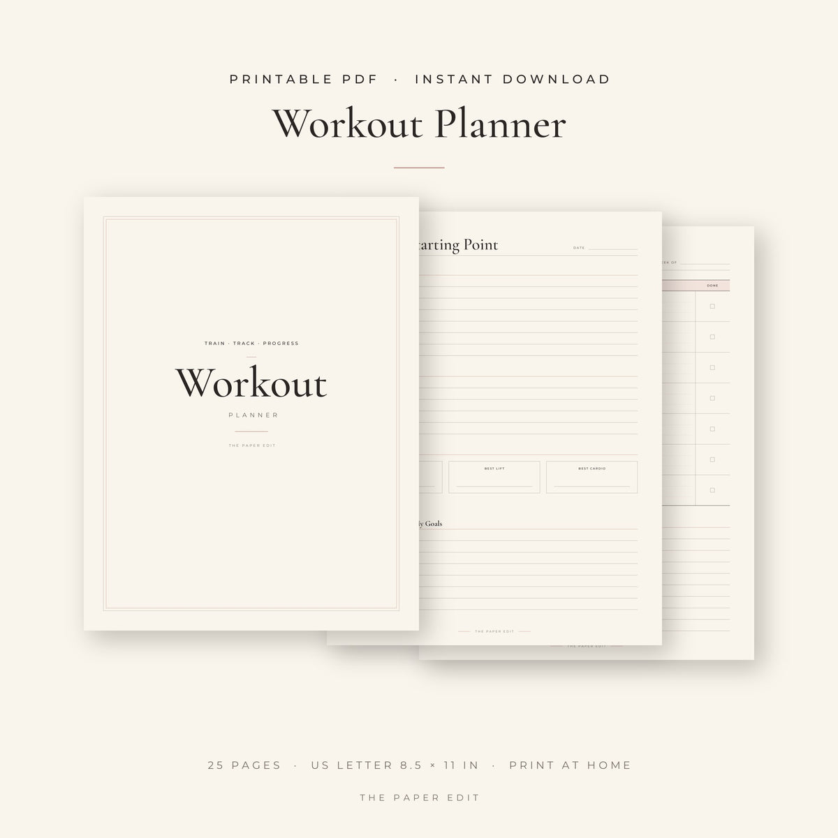 Workout Planner — Printable PDF (Instant Download), printable PDF by The Paper Edit
